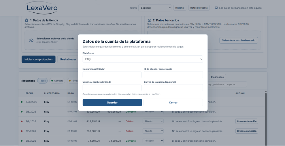 LexaVero notice explaining local processing of marketplace and bank files