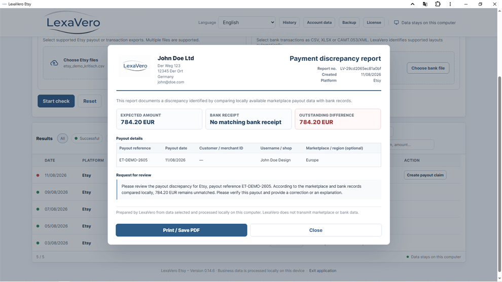 LexaVero reconciliation results showing matched, review and missing bank receipt cases